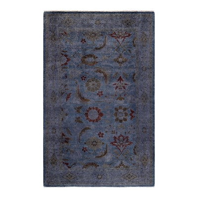 Overton Hand Knotted Wool Vintage Inspired Modern Contemporary Overdyed Blue Area Rug - 4' 3" x 6' 8"