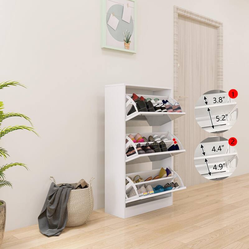 Narrow Shoe Cabinet with Mirror & 3 Flip Drawers, Slim Hidden Shoe Storage Cabinet, Freestanding Wood Shoe Rack