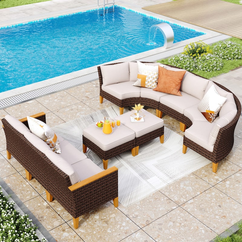 11-Piece Outdoor Wicker Half-Round Furniture Set, Half-Moon Sectional Sofa Set All Weather Rattan Curved Conversation Sets - 10 Seats - Type A