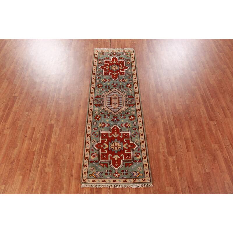 Hand Knotted Oriental 100% Wool Carpet Transitional Geometric Green Khotan Runner Rug - 7' 10'' X 2' 6''