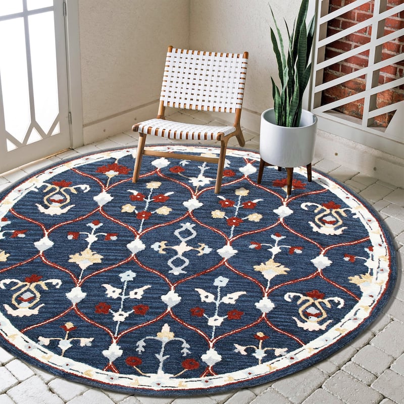 Sevita Navy/Red Trellis Round Area Rug
