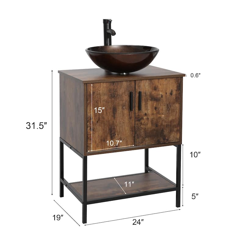 24" Bathroom Vanity Sink Set Brown Free-standing Manufactured Wood with Sink Faucet Drain Combo