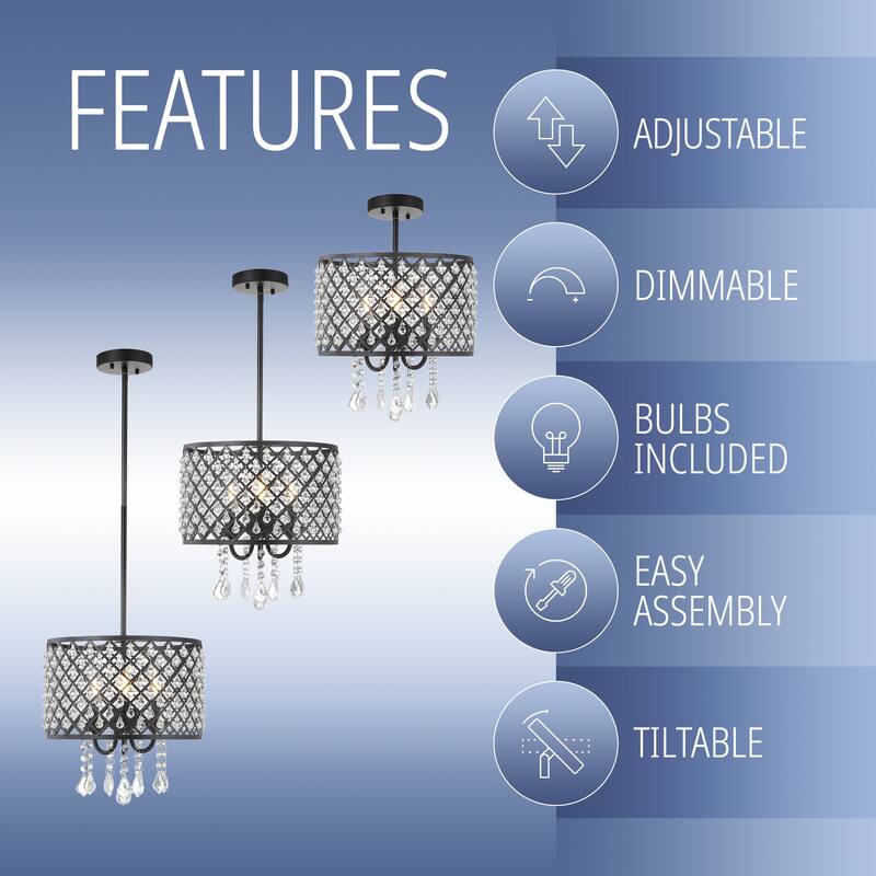 Avah Metal/Crystal Adjustable LED Drop Chandelier, Black/Clear by JONATHAN Y