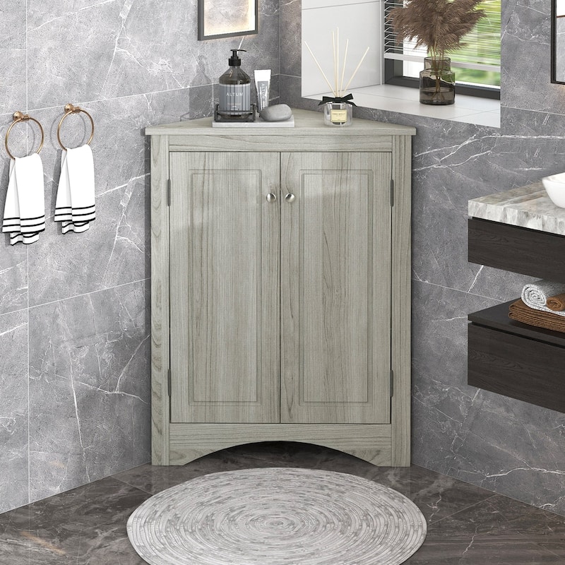 32" Wood 2-door Bathroom Corner Cabinet with Adjustable Shelves - Oak