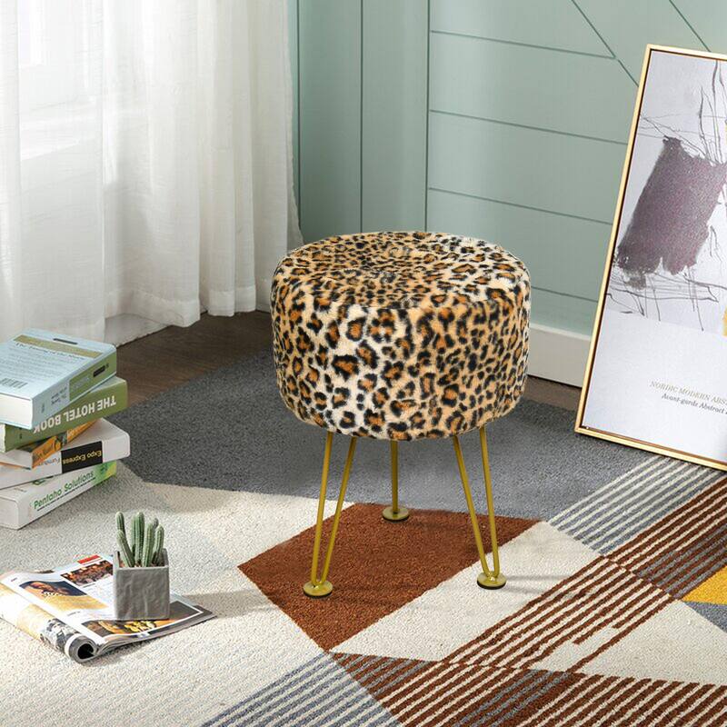 Home Soft Things Leopard Fauxfur Ottoman with Gold Metal Legs