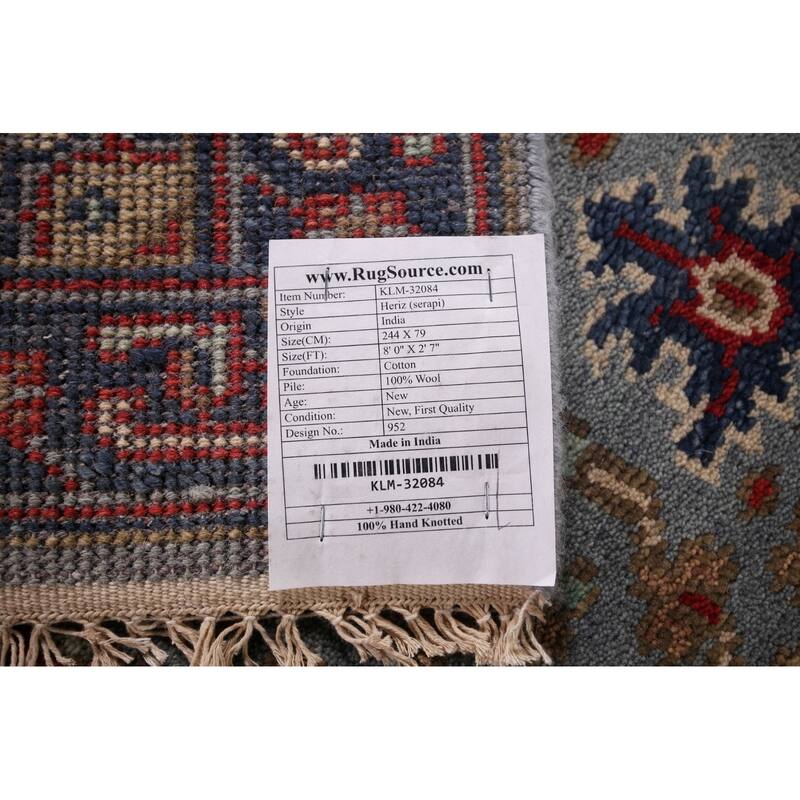 Blue Gray Heriz Serapi Oriental Runner Rug Hand-Knotted Wool Carpet - 2'7"x 8'0"