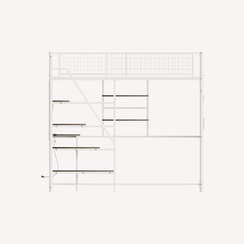 Full Size Loft Metal Bed with Desk, Charging Station, LED Lighting, and Storage