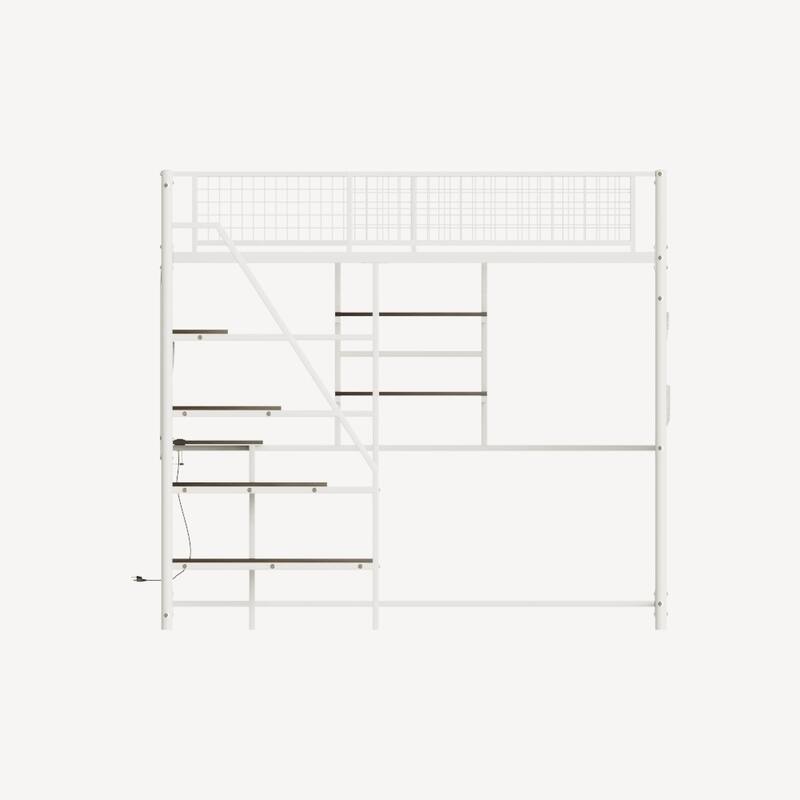 Full size loft metal bed with white for bedroom and dormitory, with built-in charging station and LED lighting