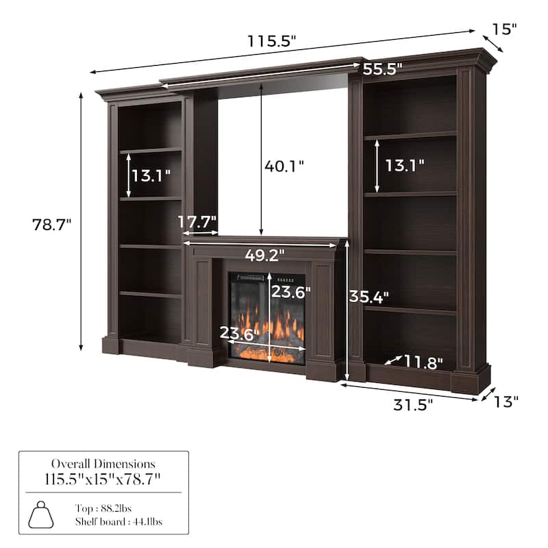 Electric Fireplace Mantel with Bookshelves, 115.5" Entertainment Center with Built-in Shelving