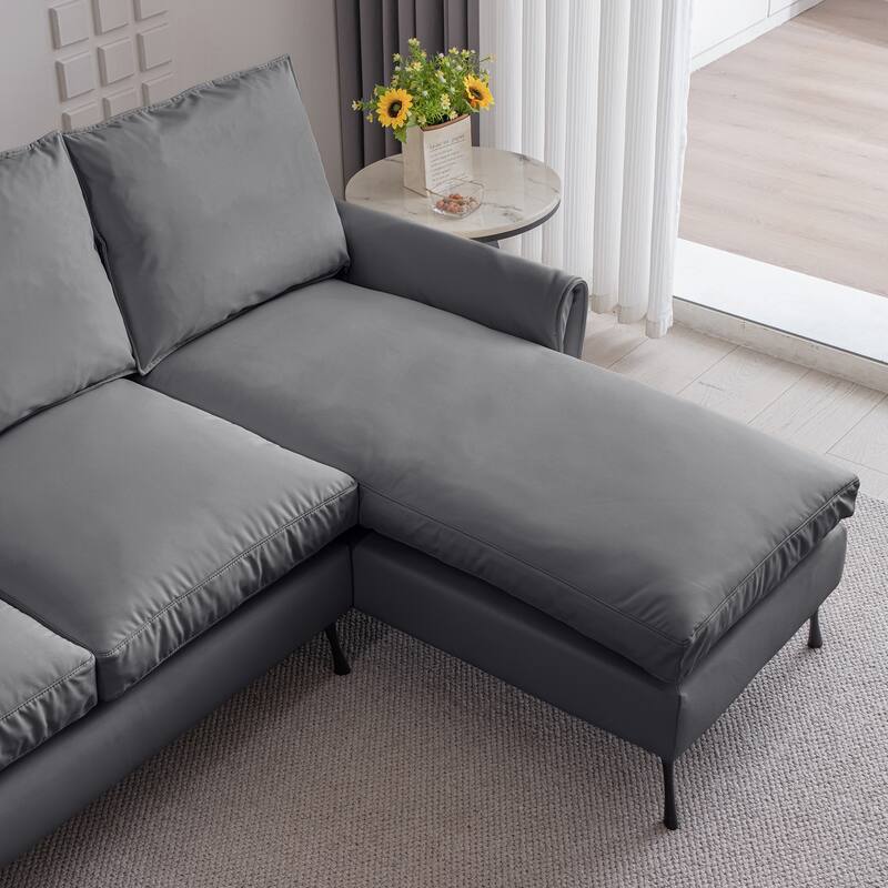 81" Modern L-Shaped Reversible Chaise Lounge Sofa in Dark Grey Technical Leather