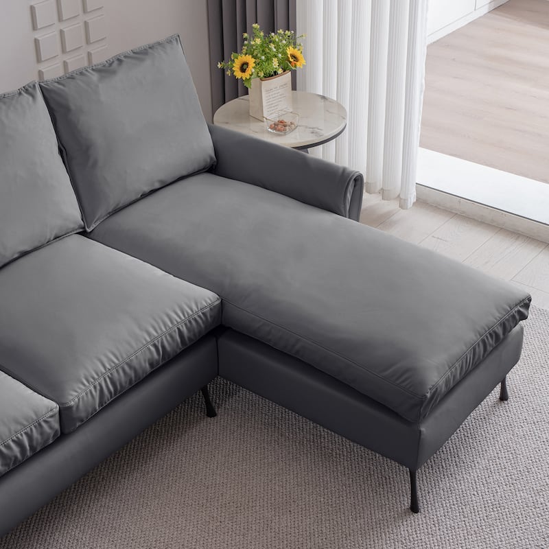 Contemporary Technical Leather L-Shaped Sofa Couch, Reversible Chaise Lounge, Dark Gray