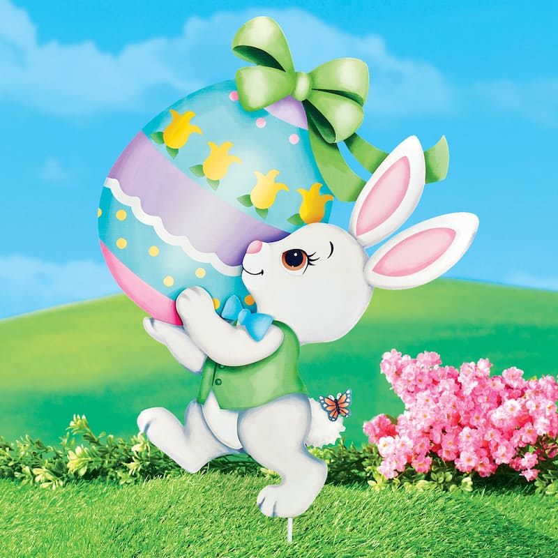 Adorable Bunny with Easter Egg Outdoor Garden Stake - Green