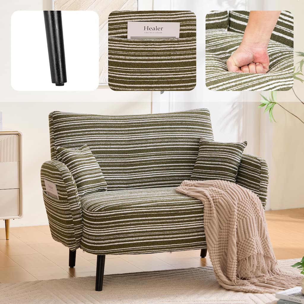Modern 2-Seater Sofa Deep-Seated Sofa with Armrest Pillows and Side Storage Pockets, for Bedroom, Small Spaces, Apartment