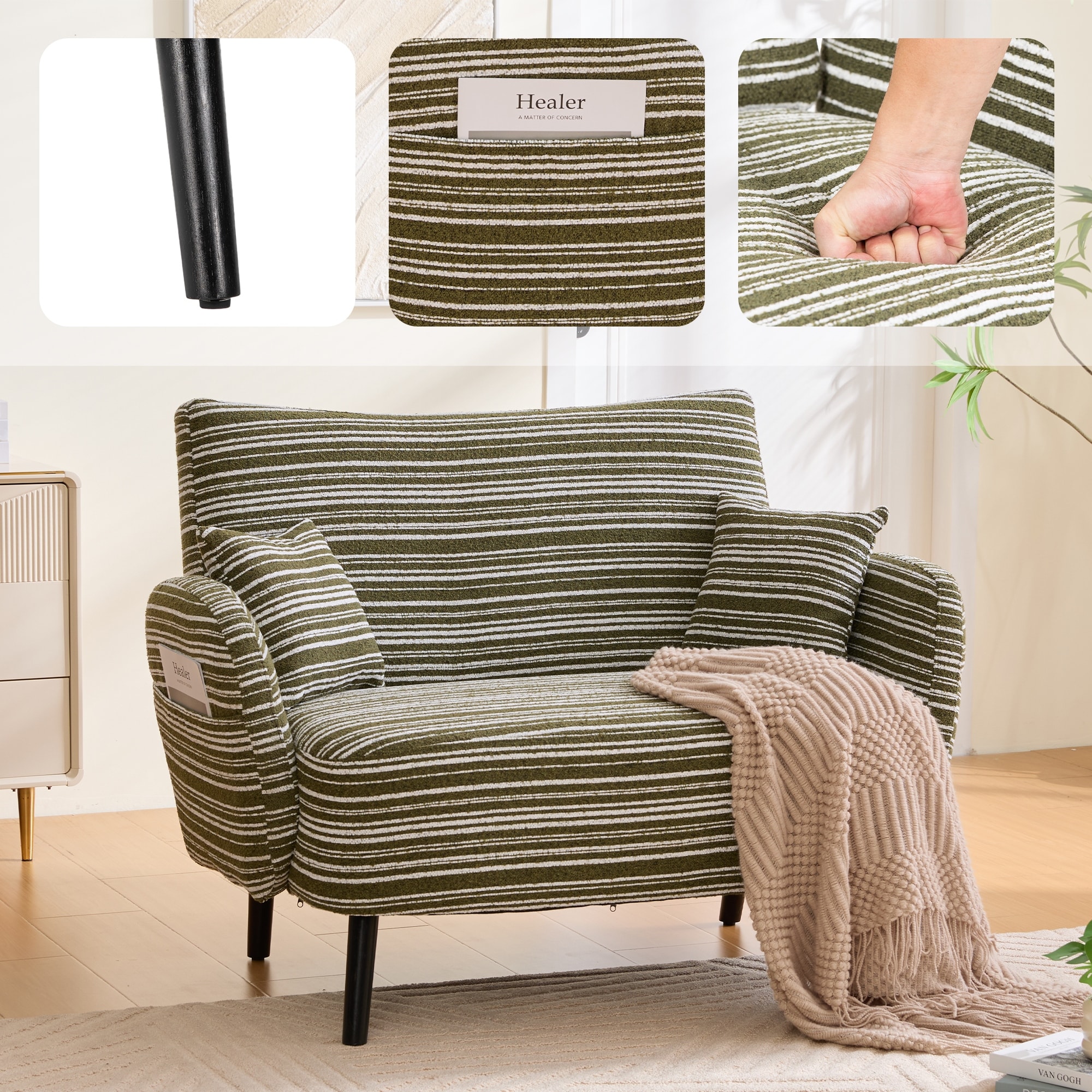 Modern 2-Seater Sofa Deep-Seated Sofa with Armrest Pillows and Side Storage Pockets, for Bedroom, Small Spaces, Apartment