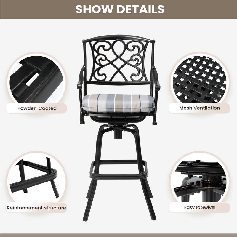 Outdoor Patio Aluminum Swivel Bar Stool with Sunbrella Cushion