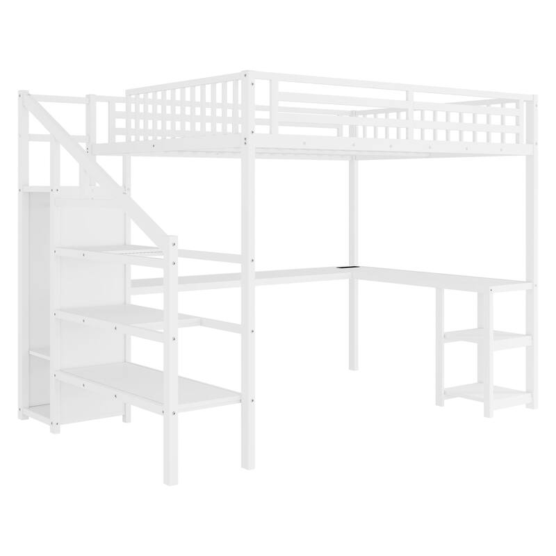 Metal Queen Loft Bed w/ Wardrobe & LED Light L Shaped Desk USB for Kids Teens Adults - White
