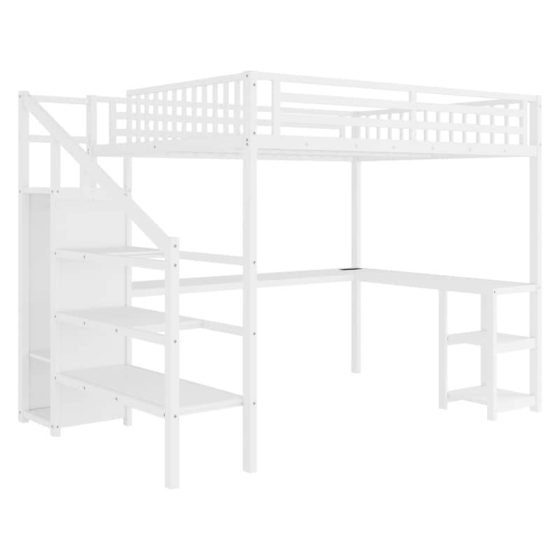 Metal Queen Loft Bed with Wardrobe and LED Light, Queen Size Loft Bed with L Shaped Desk and USB for Kids Teens Adults