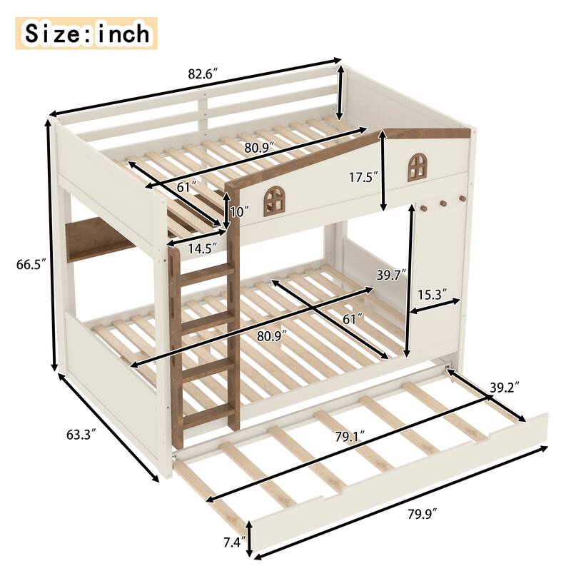 Queen over Queen Bunk Bed with Trundle and Storage Shelves, Solid Wood Bunk Beds with hooks, No Box Spring Needed