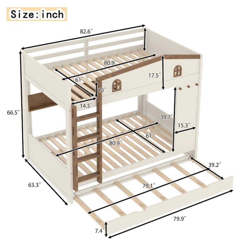 Solid Wood Bunk Bed with Trundle and Storage Shelves, Full Over Full/Queen Over Queen Bunk Bed with Hooks