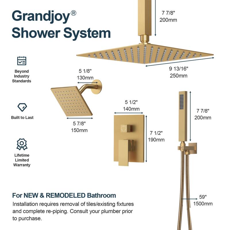 GRANDJOY Dual Shower Heads 10 Inch Ceiling Mounted Rainfall Shower System with Rough-in Valve
