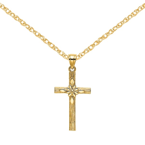 14K Yellow Gold Cross with Flower Charm 