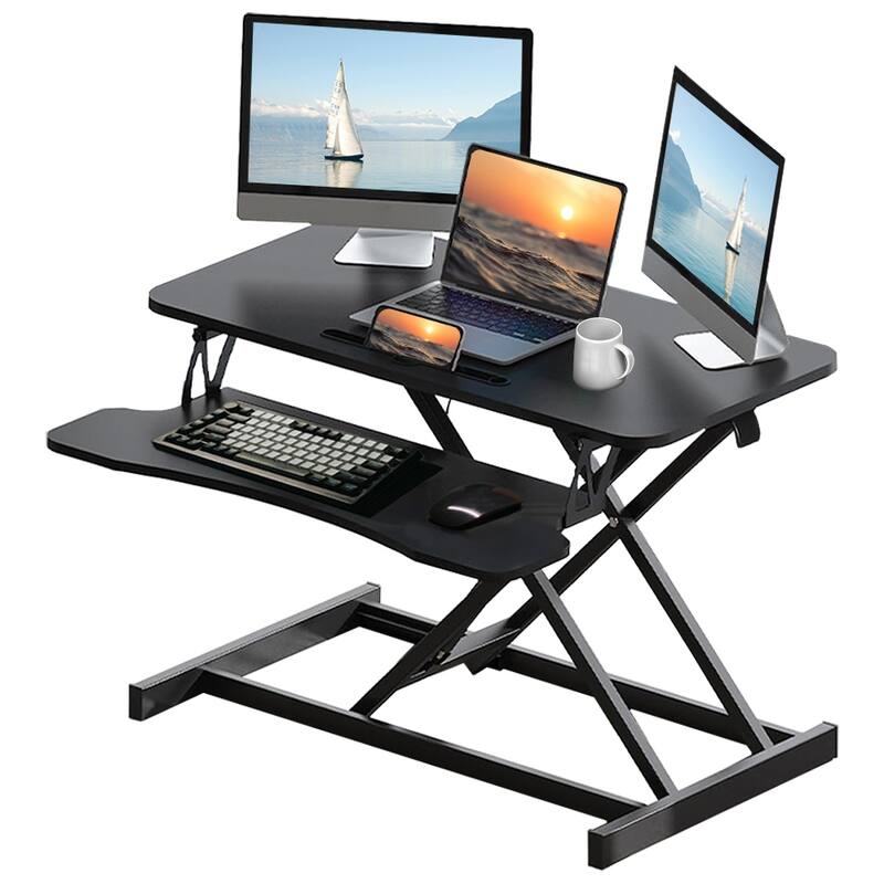 Anmytek 32 Inch Height Adjustable Standing Desk Converter Dual Monitor Laptop Workstation Wide Keyboard Tray