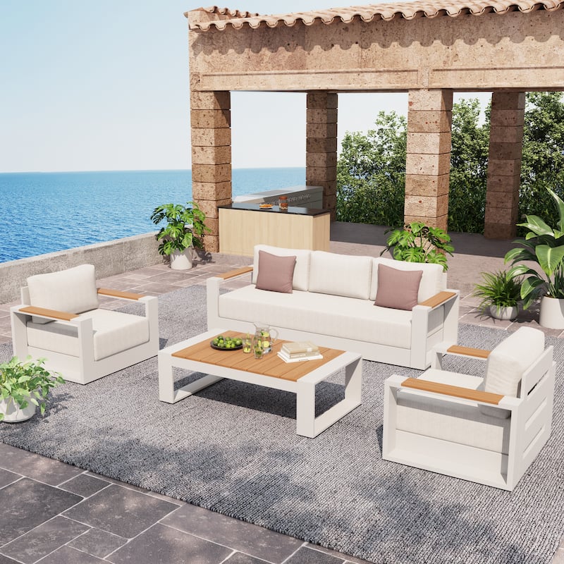Outdoor 4 Piece Aluminum Sofa Set with Cushions - White