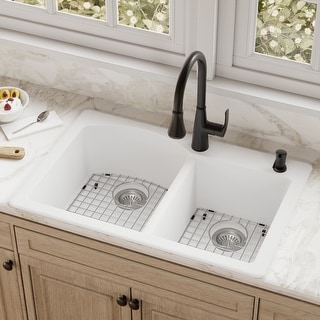 Karran Drop-In Quartz 33 in. 1-Hole 60/40 Double Bowl Kitchen Sink Kit