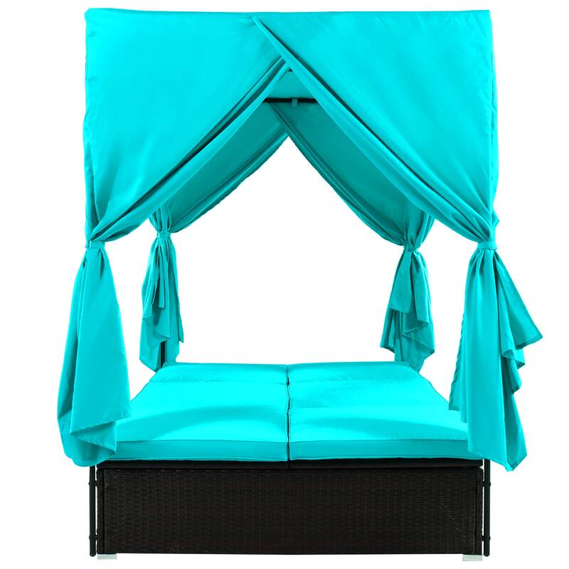 Elegant Outdoor Patio Wicker Sunbed Daybed with Adjustable Cushions and Curtains