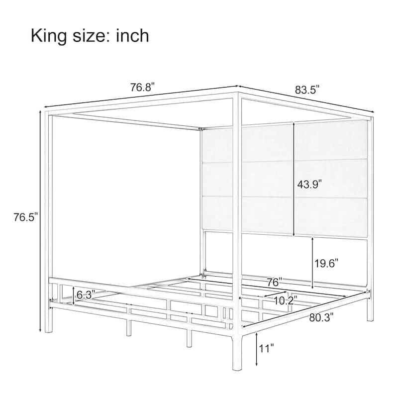 Metal Canopy Bed with Upholstered Wingback Headboard, Modern Platform 4-poster Bed Frame, Box Spring Needed