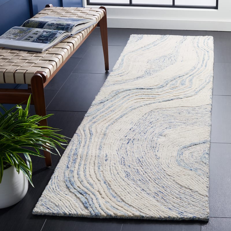 SAFAVIEH Handmade Fifth Avenue Klari Modern Abstract Wool Rug - 2'3" x 14' Runner - Blue/Ivory