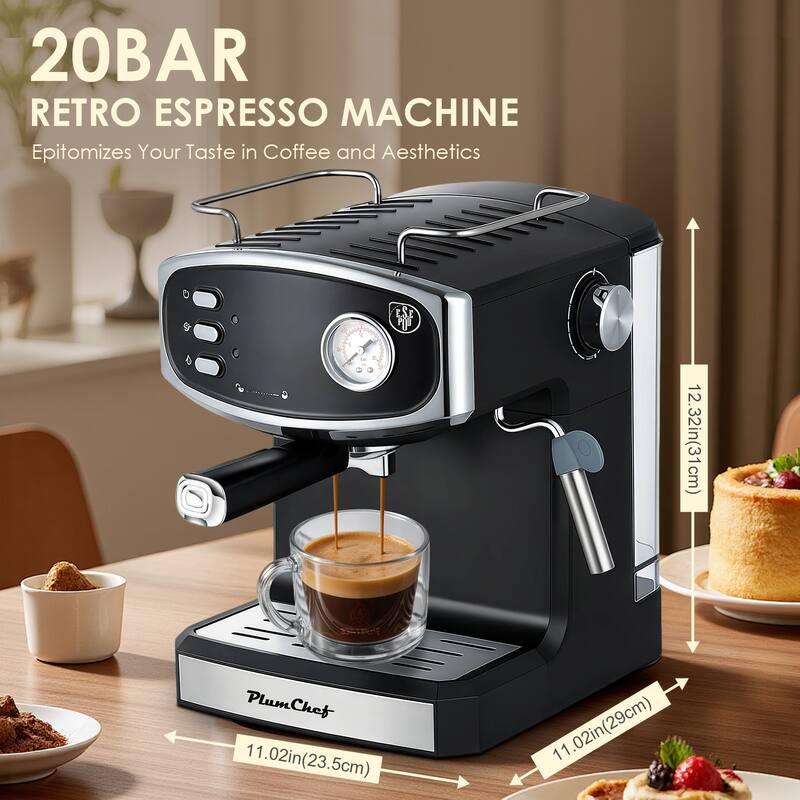 Anmytek 20 Bar Retro Espresso Machine with Steam Wand Black Chrome Finish for Home Barista Cappuccino Latte