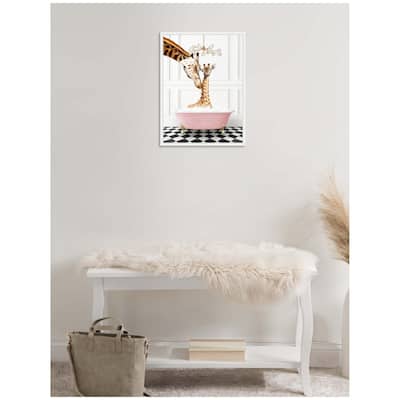 Kate and Laurel Sylvie Mother and Baby Giraffe in Pink Bathtub on Checker Floor Framed Canvas by Amy Peterson