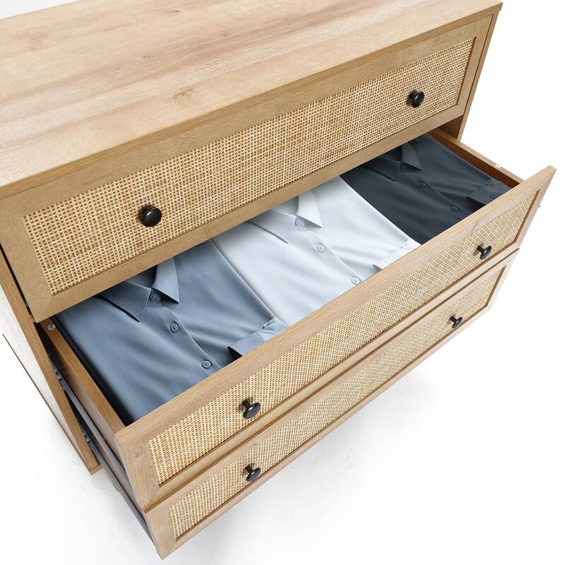 35" Wide 3-Drawer Rattan Light Oak Finish Wood Dresser