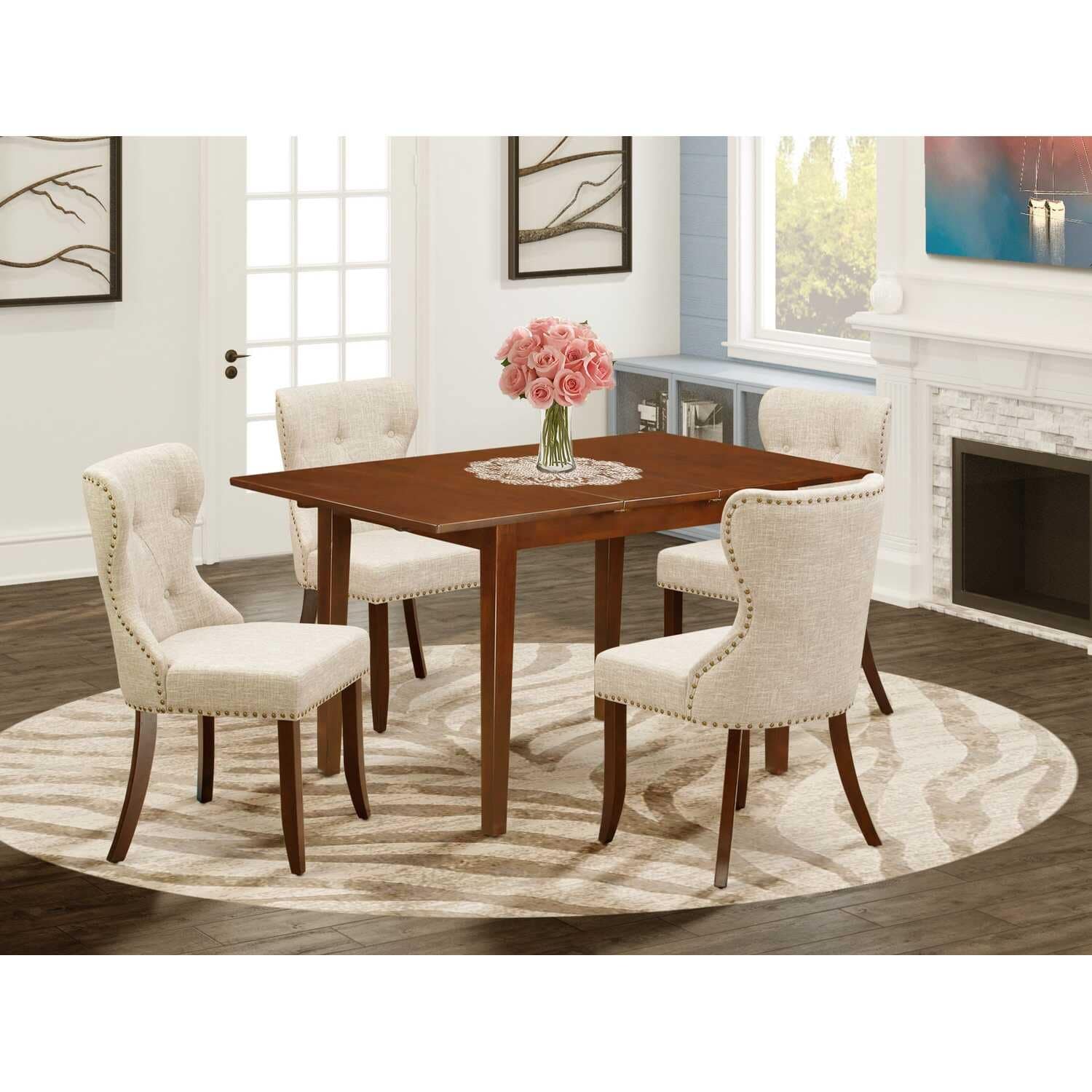 5-Piece Mahogany Finish Solid Wood Top - Rectangular Dining Room Set Seats-4
