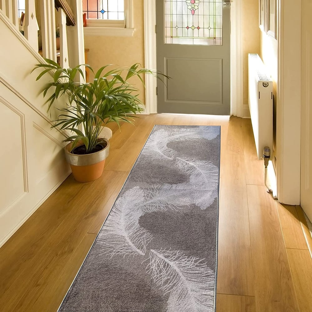 Custom Size Feather Design 26 Inch Wide Non-Slip Stair Runner Rug