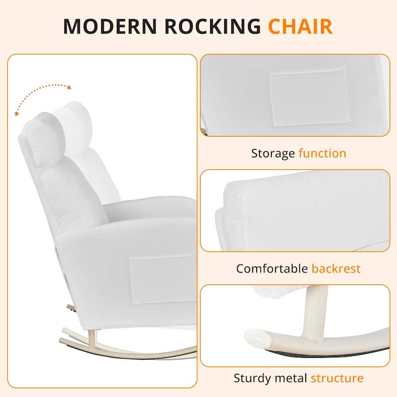 Chenille Nursery Armchair Rocking Chair Set of 1 with Metal Legs with Side Pocket for Living Room