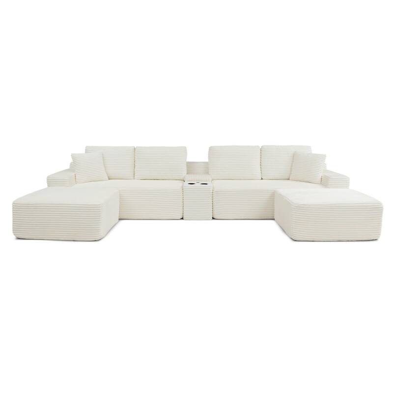 125'' U-Shaped Corduroy Sectional Sofa with Cup Holders, USB Ports and 2 Ottomans