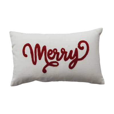 Cotton Slub Lumbar Pillow with Embroidered "Merry"