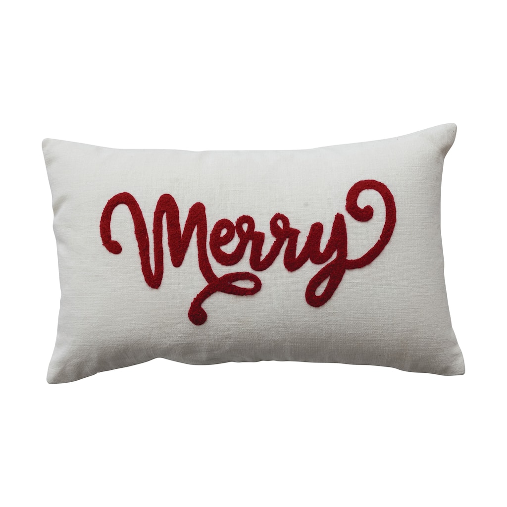 Cotton Slub Lumbar Pillow with Embroidered "Merry"