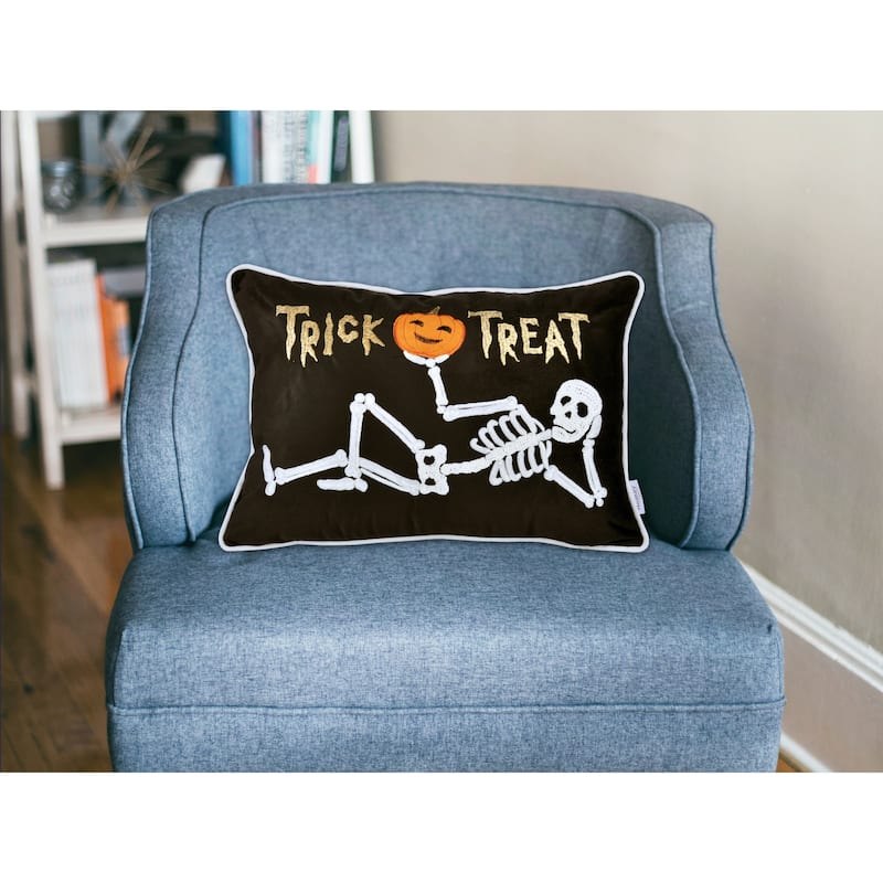 Trick or Treat Skeleton Velvet Throw Pillow