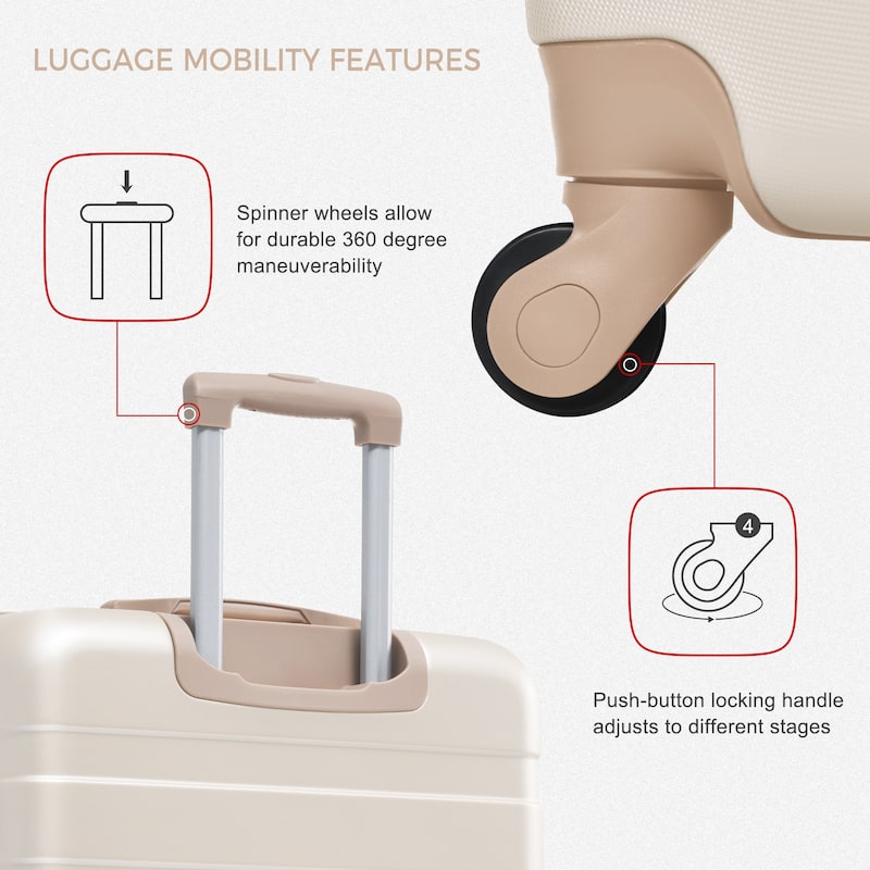 4-Piece, 20-Inch Modern Luggage with Travel Bag and 360° Spinner Wheels, for Boarding Travel, Ivory