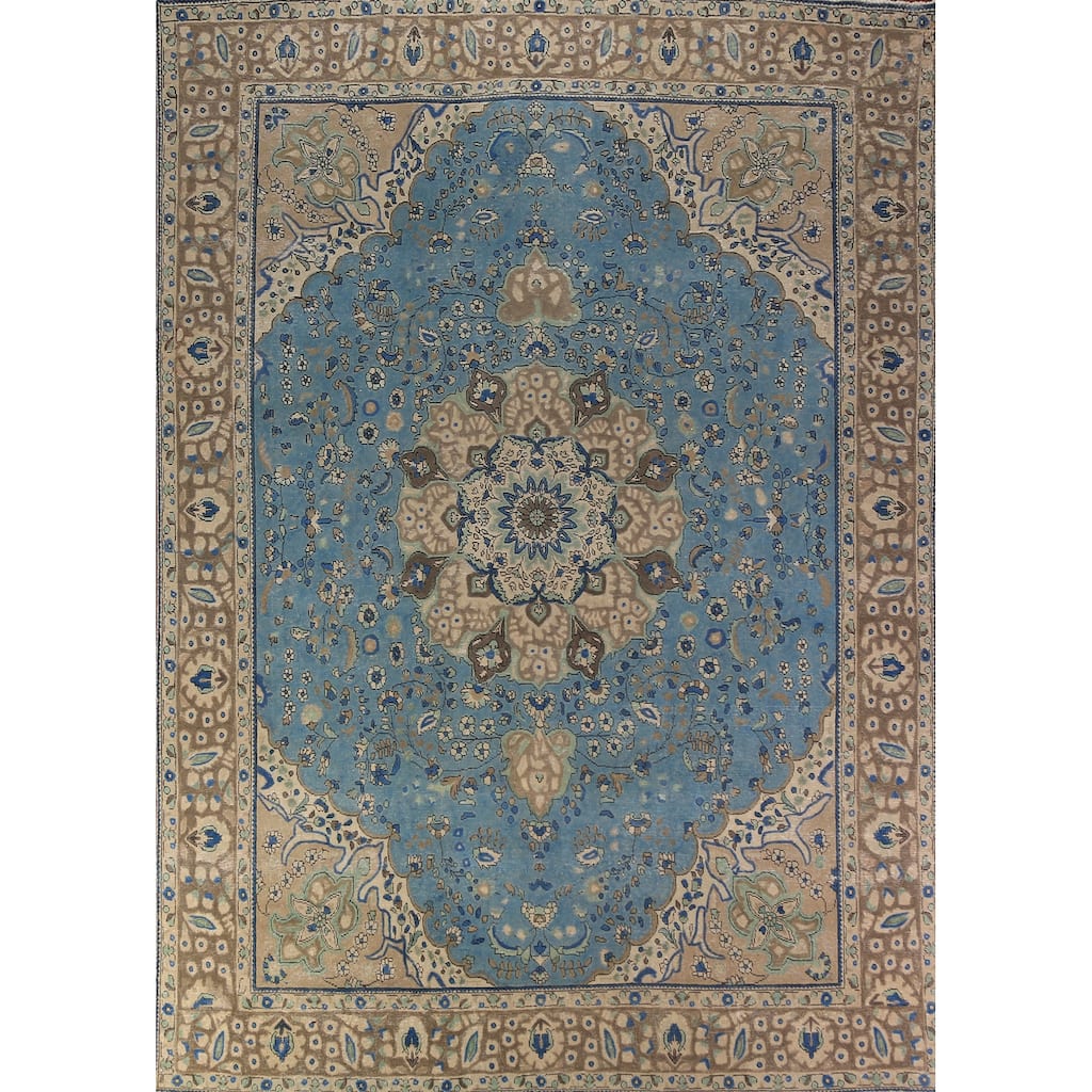 Blue Floral Tabriz Persian Area Rug Oriental Hand-Knotted Wool Carpet - 9'8"x 13'0"