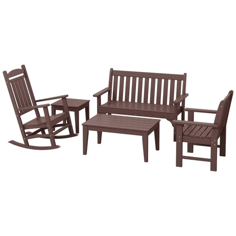 Laguna Outdoor Patio 5-Piece Porch Bench & Rocking Chair Conversation Set - Dark Brown