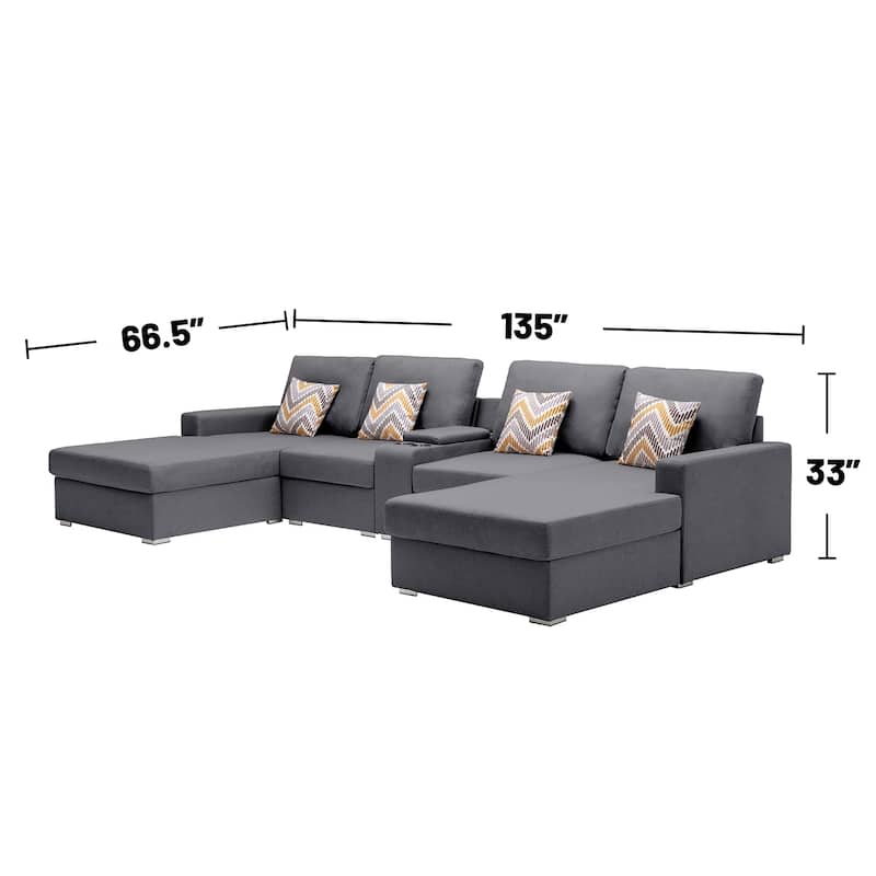 Linen Fabric 5 Piece Double Chaise Sectional Sofa with Storage Console Table and 4 Pillows