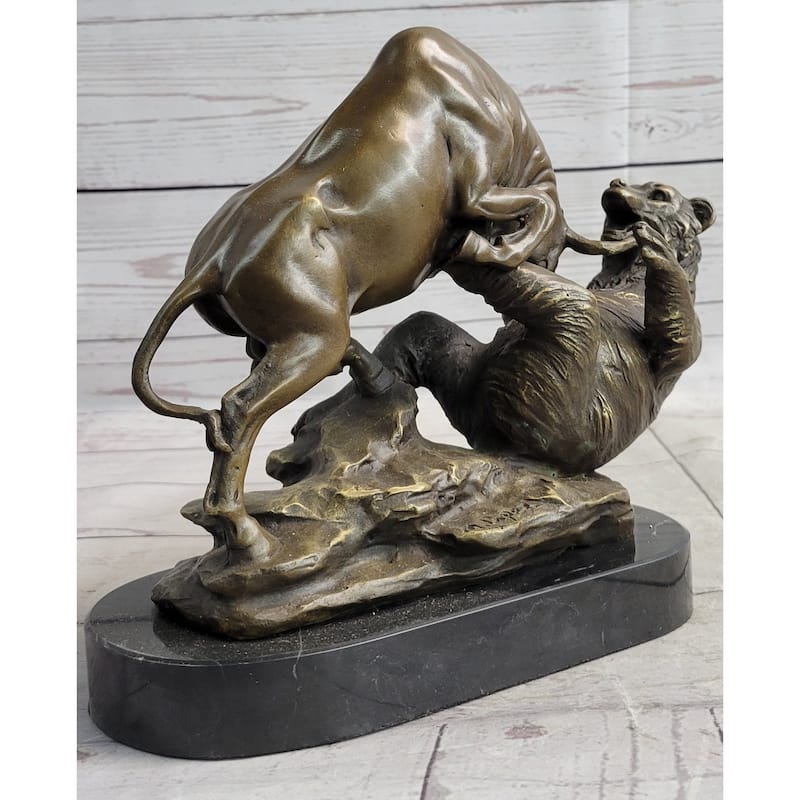 Stock Market Bull Vs Bear Bronze Sculpture Marble Base Statue Decor Gift Signed Original Art