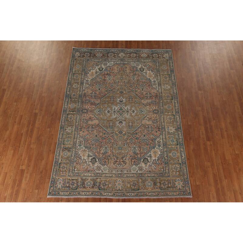 Geometric Tabriz Vintage Area Rug Hand-Knotted Wool Carpet - 6'8" x 9'7"