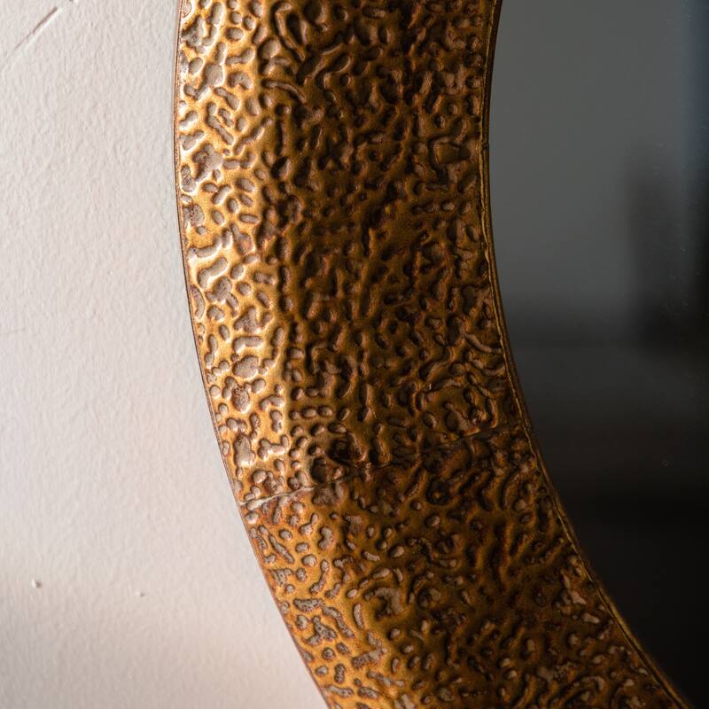 31.3" Hammered Gold Round Wall Mirror - Iron Frame & MDF Back Decorative Mirror, Rustic Accent Mirror - Golden