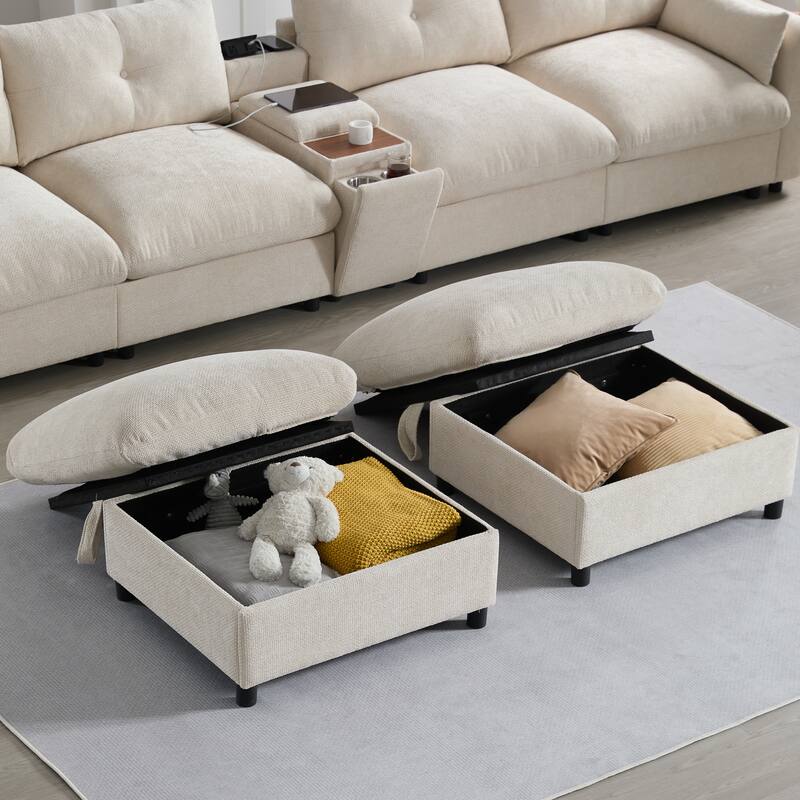 Oversized U Shaped Modular Sectional Sofa with 2 Storage Ottomans, Chenille 6 Seat Sofa with Console, Cup Holder & USB Charger