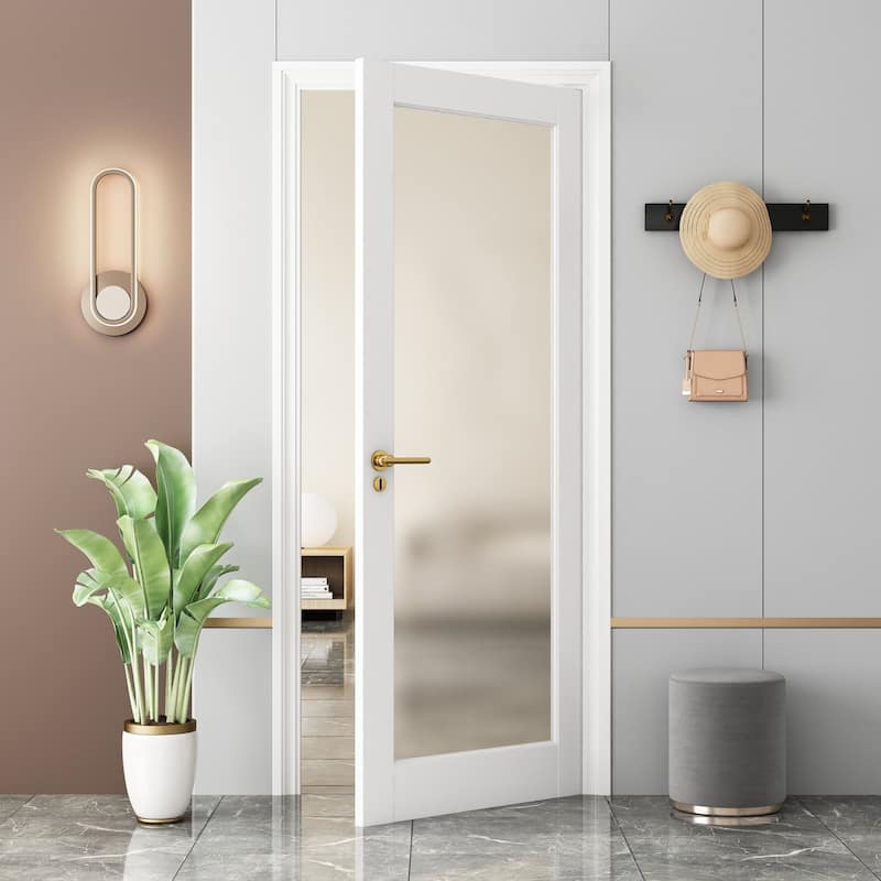 80'' H 1 Lite Frosted Glass French Doors White Interior Slab Door Single Panel